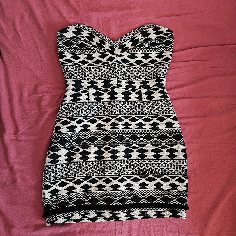 Black And White Embroidered Bodycon Strapless Fringe Dress